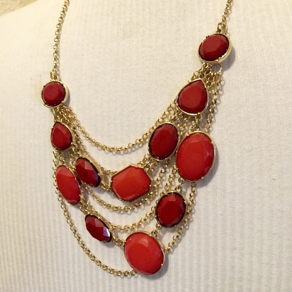 Two tone red and gold layered statement necklace